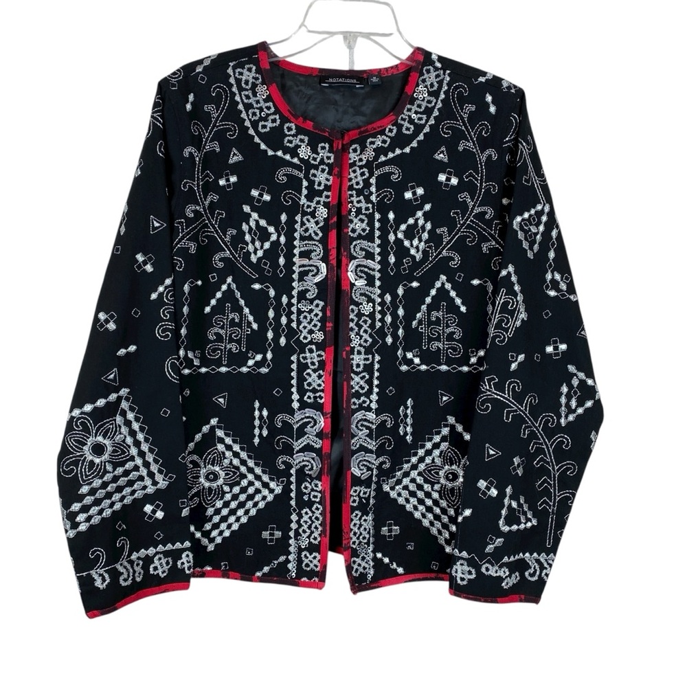 NOTATIONS Black and Silver Embroidered Women's Open Jacket Medium